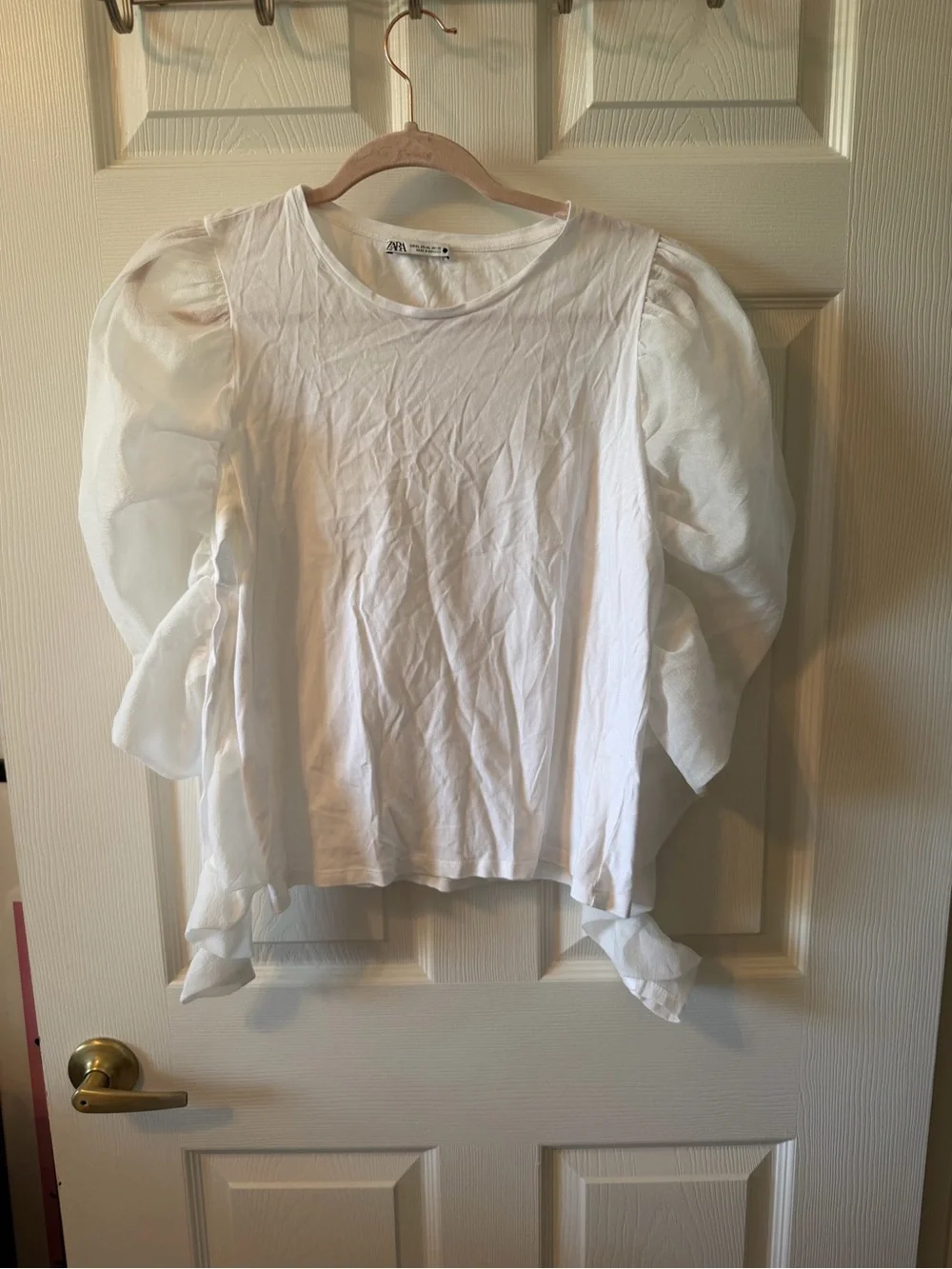 Zara White Puff-Sleeve Tie-Hem Blouse